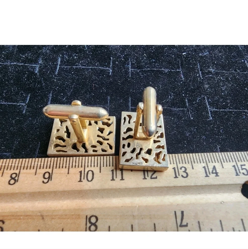 Vintage Cufflink Set Gold Tiger Caged Black Glass Gem Used